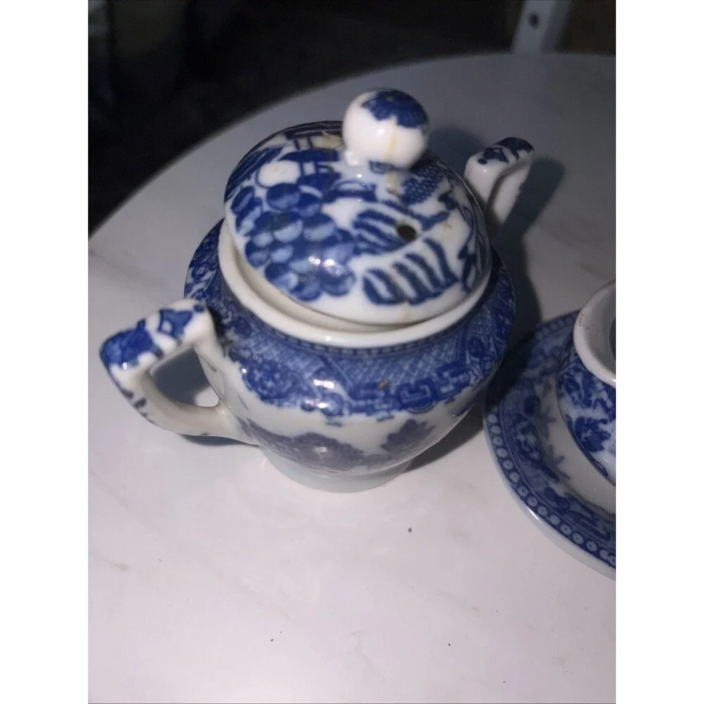 Japanese Child's Set Small Serving Pieces Blue White Ceramic